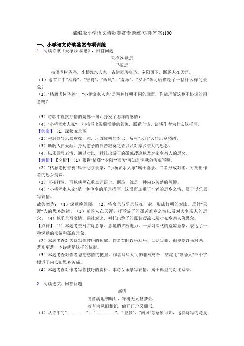 部编版小升初语文诗歌鉴赏专题练习(附答案)100
