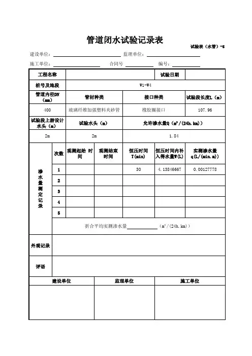管道闭水试验记录表