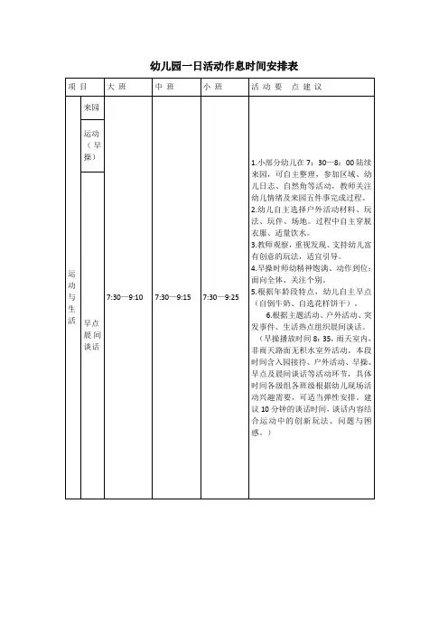 幼儿园一日活动作息时间安排表