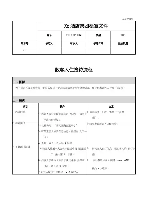 散客入住接待流程