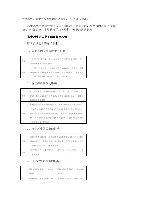 高中历史四大类主观题答题术语与复习5个隐形知识点