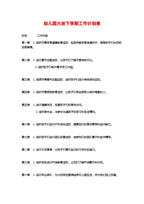 幼儿园大班下学期工作计划表