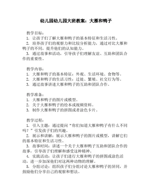 幼儿园幼儿园大班教案：大雁和鸭子