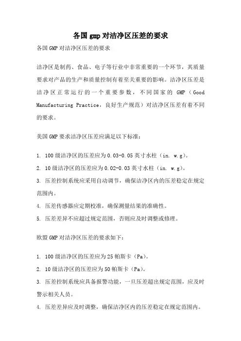 各国gmp对洁净区压差的要求