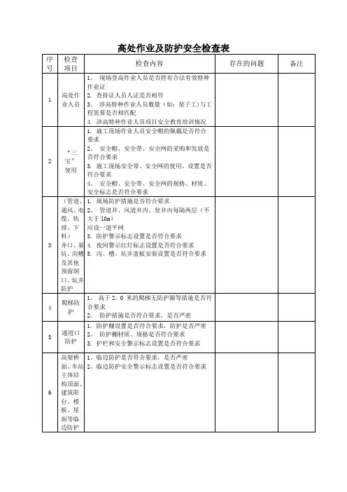高处作业及防护安全检查表