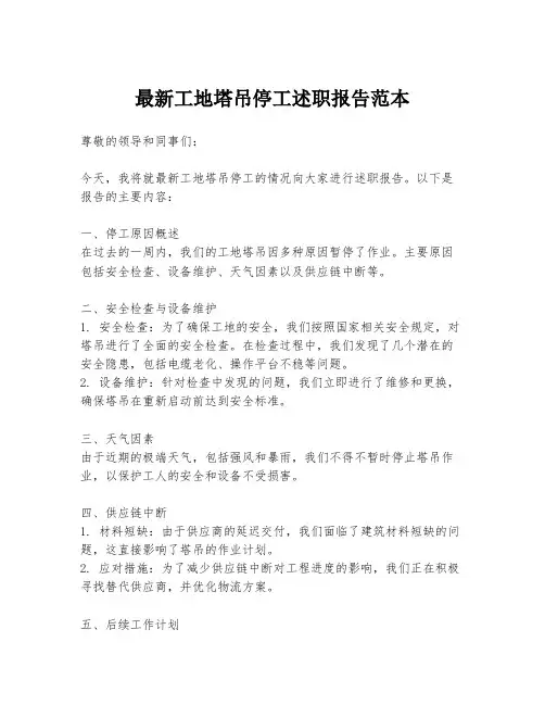 最新工地塔吊停工述职报告范本
