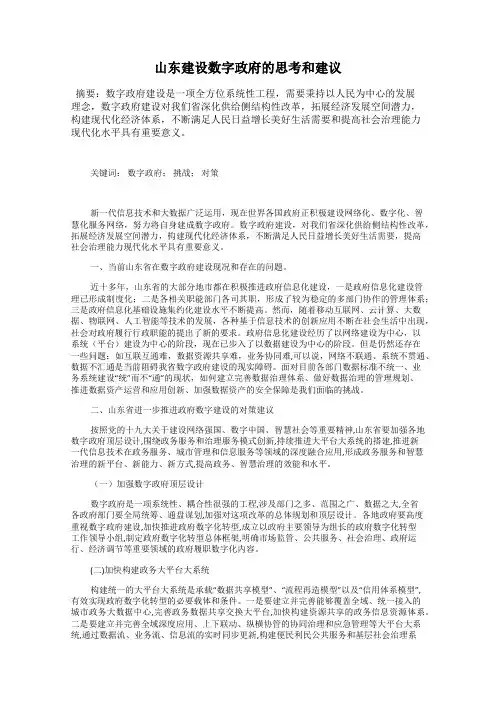 山东建设数字政府的思考和建议