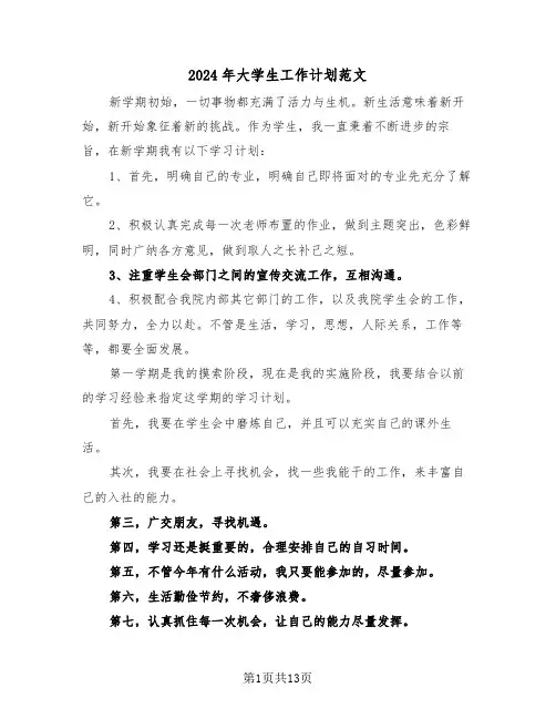 2024年大学生工作计划范文(5篇)