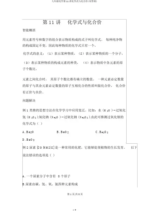 九年级化学第11讲化学式与化合价(有答案)