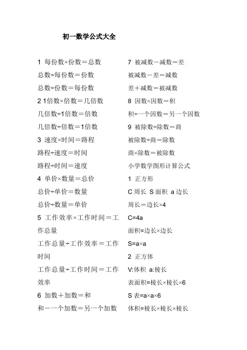 初一七年级数学公式大全