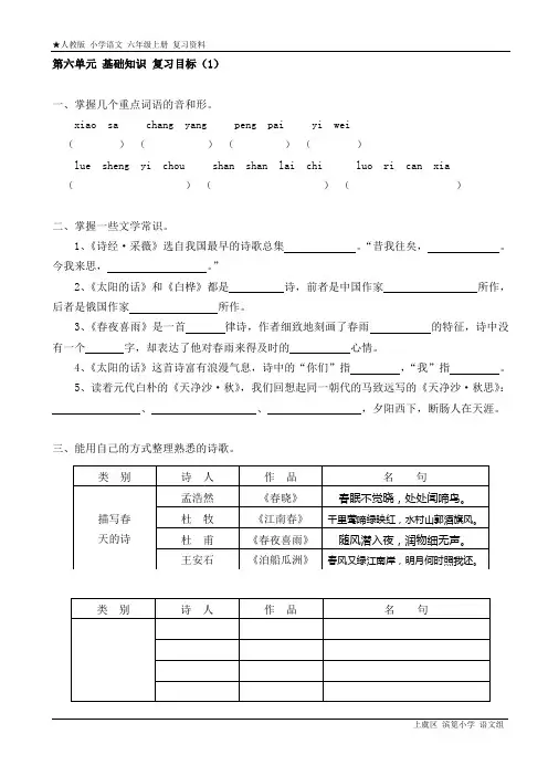 人教版 小学语文 六年级上册 第六单元 基础知识 复习目标