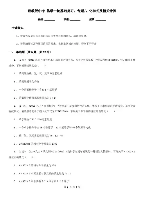 湘教版中考 化学一轮基础复习：专题八 化学式及相关计算