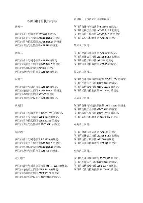 各类阀门的执行标准--设计制造、连接端尺寸、结构长度、检验试验