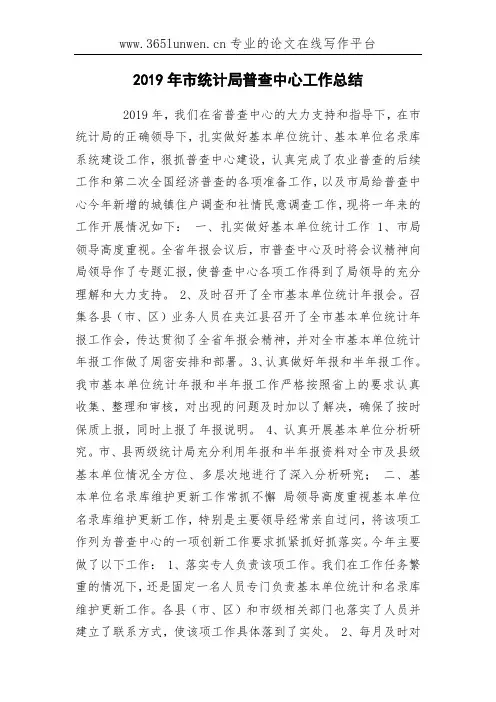 2019年市统计局普查中心工作总结