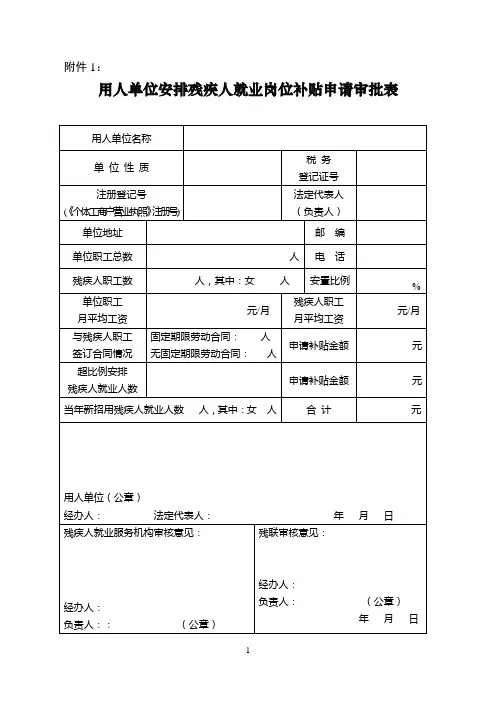 用人单位安排残疾人就业岗位补贴申请审批表