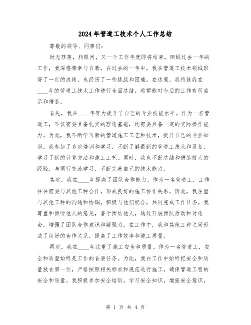 2024年管道工技术个人工作总结(2篇)