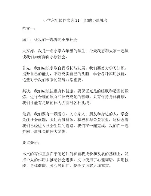 小学六年级作文奔21世纪的小康社会