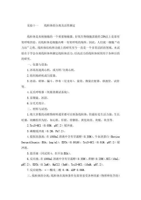 线粒体的分离及活性测定实验原理及步骤