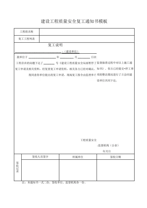 建设工程质量安全复工通知书模板