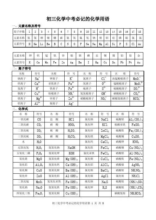 初三化学中考必记的化学用语(带答案)