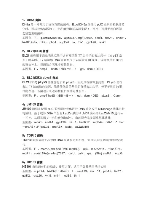 JM109,DH5a,BL21等感受态细菌特点及应用