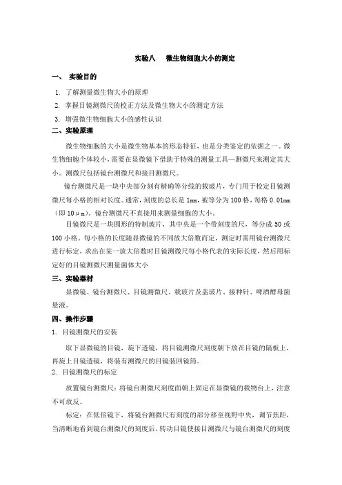 八微生物细胞大小的测定目的了解测量微生物大小的...