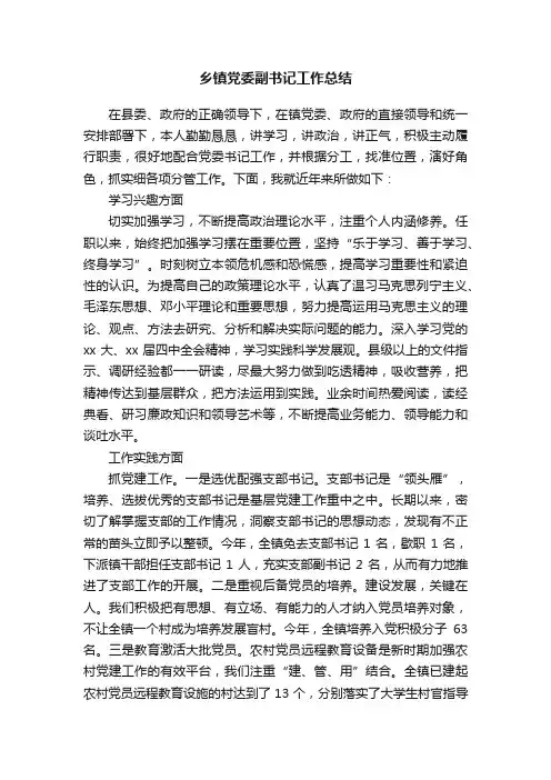 乡镇党委副书记工作总结
