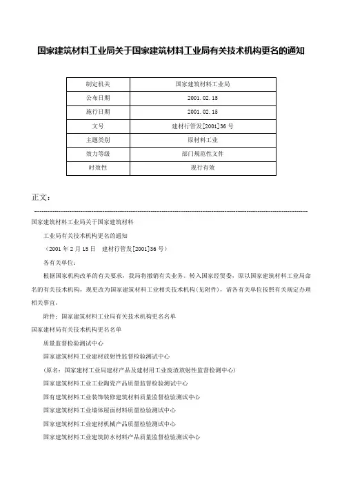 国家建筑材料工业局关于国家建筑材料工业局有关技术机构更名的通知-建材行管发[2001]36号