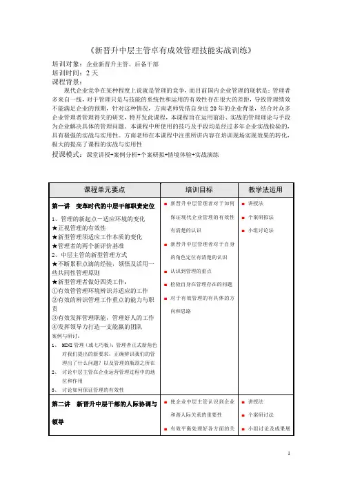 新晋升中层主管卓有成效管理技能提升实战训练  辅导提纲
