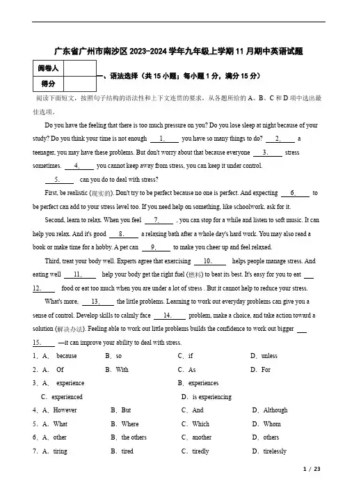广东省广州市南沙区2023-2024学年九年级上学期11月期中英语试题 解析版