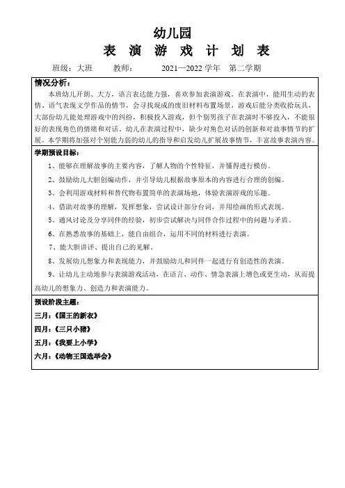 幼儿园创造性游戏表演游戏计划