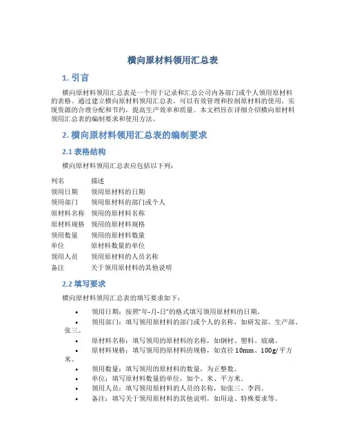 横向原材料领用汇总表