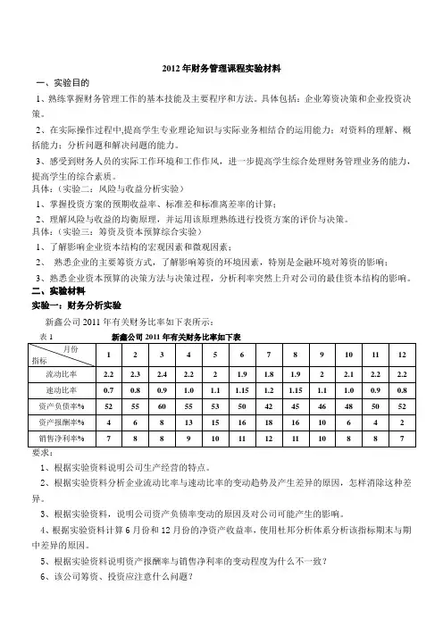 财务管理课程实验材料2012.3