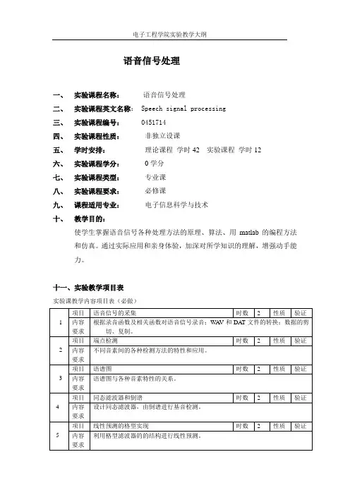 语音信号处理实验大纲