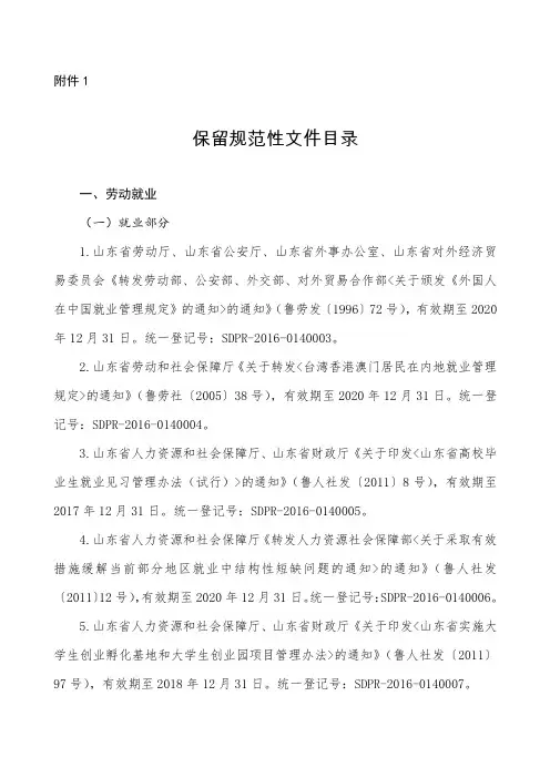 1、山东省人社厅保留性文件目录