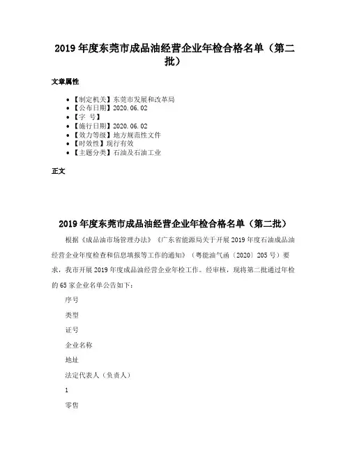 2019年度东莞市成品油经营企业年检合格名单（第二批）