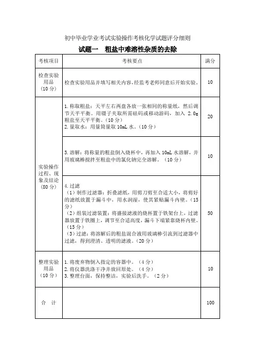 中考化学实验操作试题评分细则