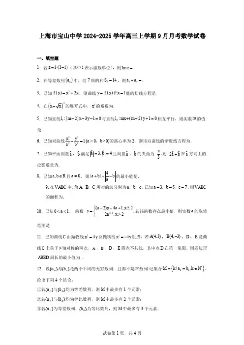 上海市宝山中学2024-2025学年高三上学期9月月考数学试卷