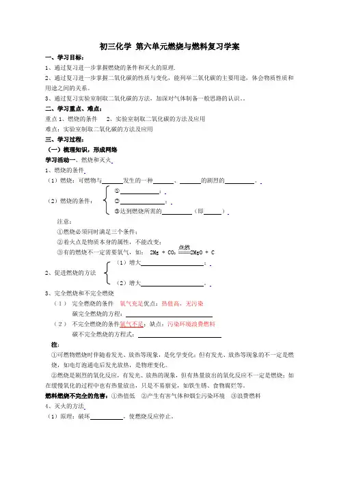初三化学 第六单元燃烧与燃料复习学案