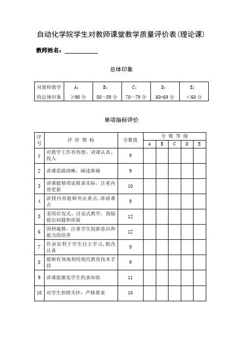 学生对教师课堂教学质量评价表(理论课)