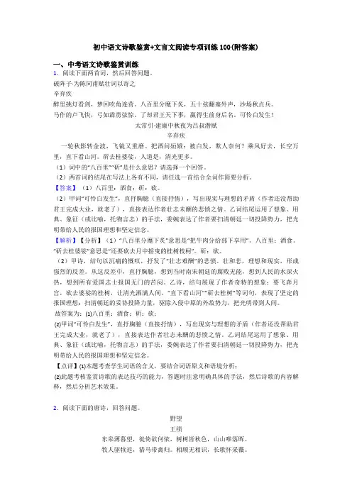 初中语文诗歌鉴赏+文言文阅读专项训练100(附答案)