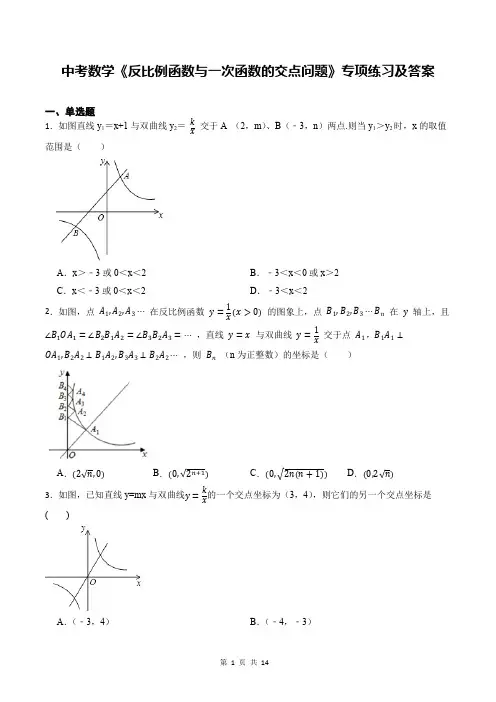 中考数学《反比例函数与一次函数的交点问题》专项练习及答案