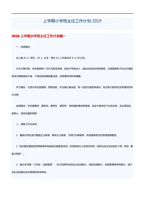 上学期小学班主任工作计划2019
