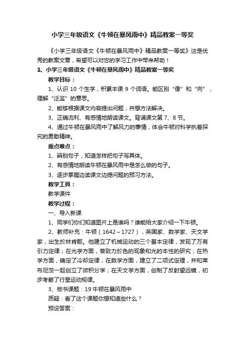 小学三年级语文《牛顿在暴风雨中》精品教案一等奖