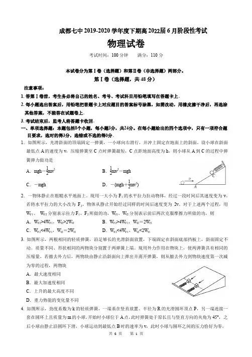 四川省成都七中2019-2020学年高一下期6月阶段性测试物理试卷(PDF版含答案)