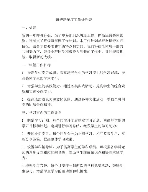 班级新年度工作计划表