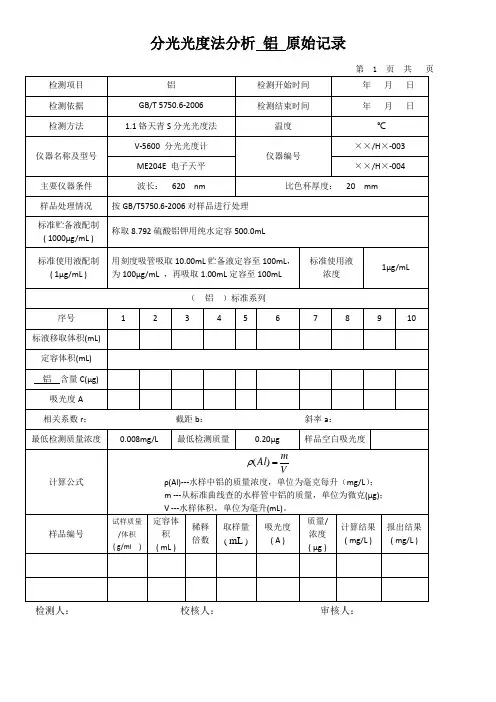 分光光度法分析 铝 原始记录