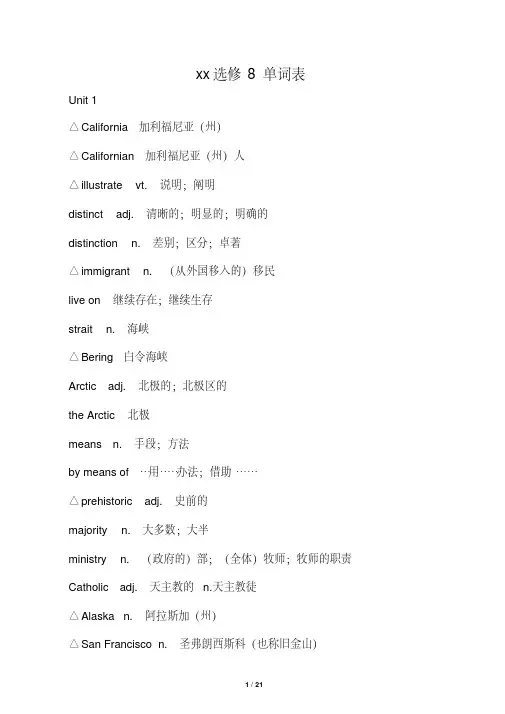 人教版高二英语选修8单词表