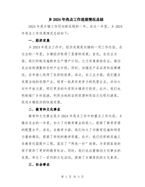 乡2024年亮点工作进展情况总结