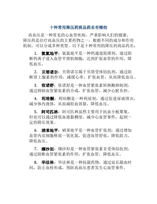 十种常用降压药商品药名有哪些